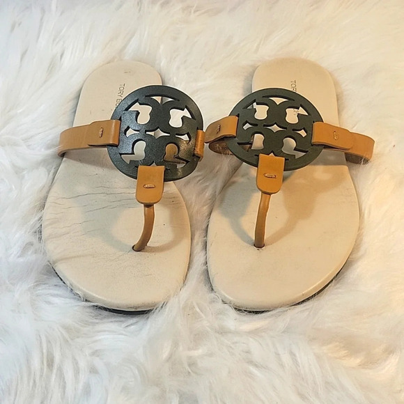 TORY BURCH Miller Logo Leccio/Pesca Soft Calf Leather Sandals Size 6 - Picture 1 of 8